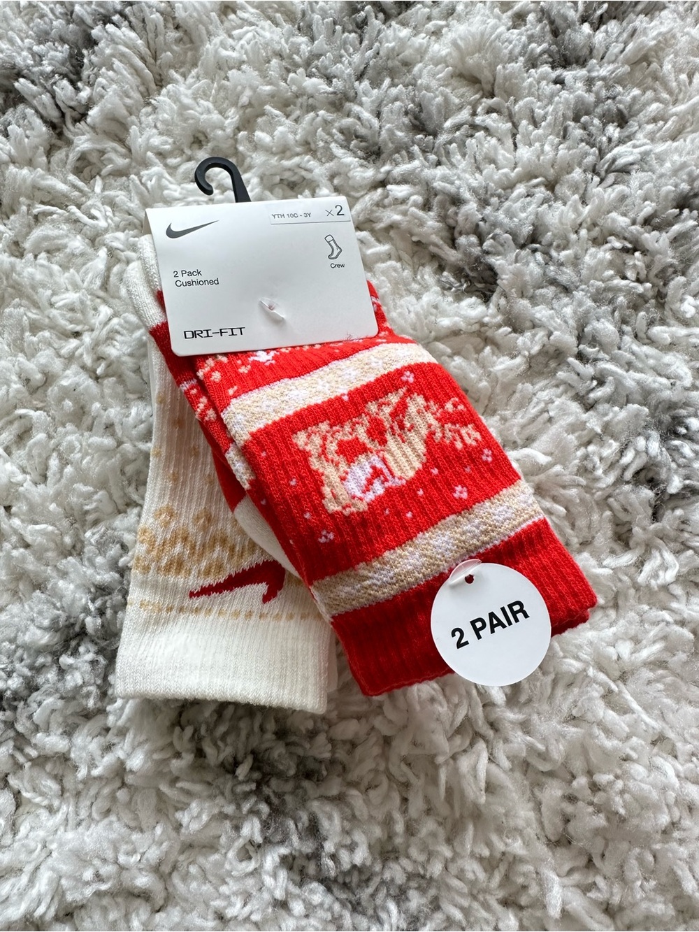 Nike Kids' 2-Pack Fair Isle Crew Cotton Blend Socks Shoe Size 10C-3Y
